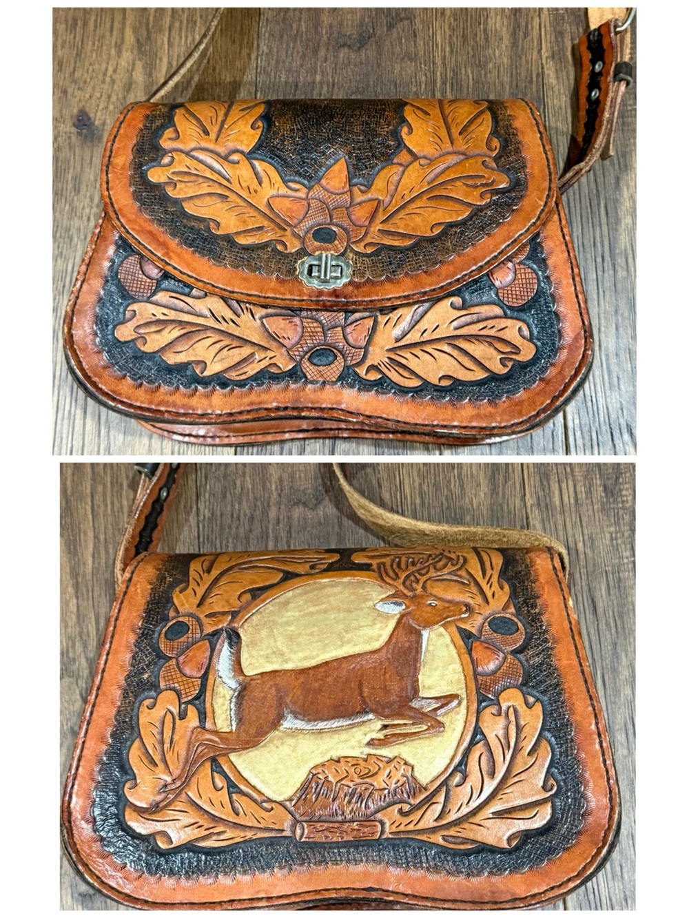Shoulder bag purse - vintage - hand tooled hard leather - deer acorns leaves